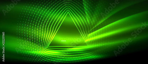 Neon glowing wave, magic energy and light motion background. Wallpaper template, hi-tech future concept