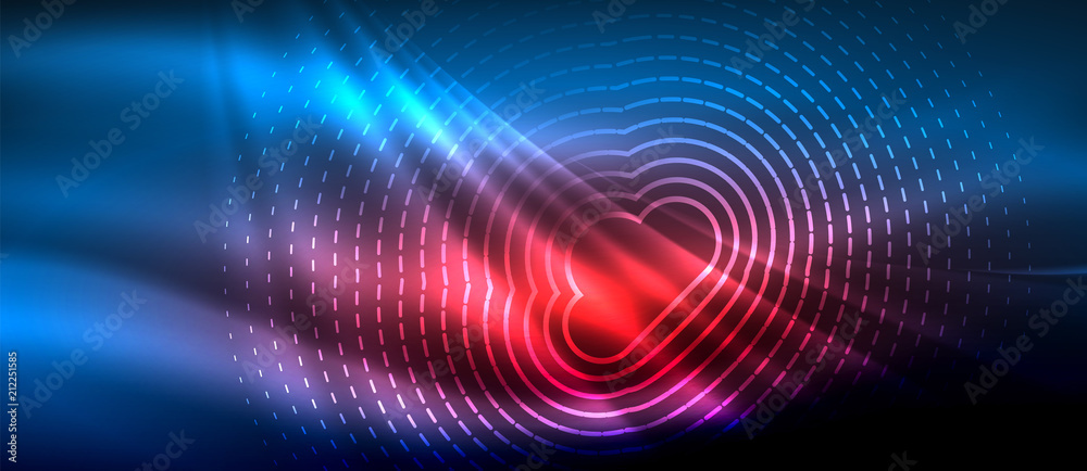 Obraz premium Neon glowing wave, magic energy and light motion background. Wallpaper template, hi-tech future concept