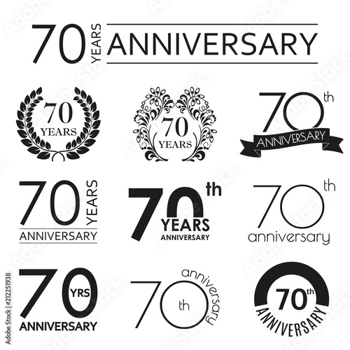70 years anniversary icon set. 70th anniversary celebration logo. Design elements for birthday, invitation, wedding jubilee. Vector illustration.