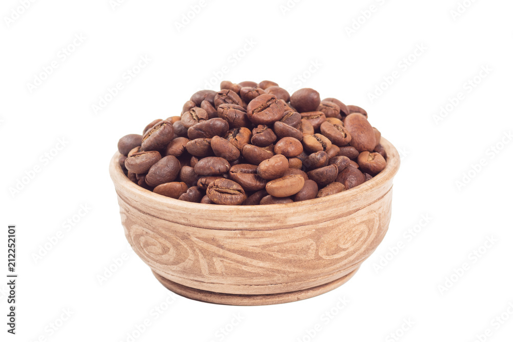 Coffee beans in brown cup isolated on white background Coffee beans in brown cup isolated on white background