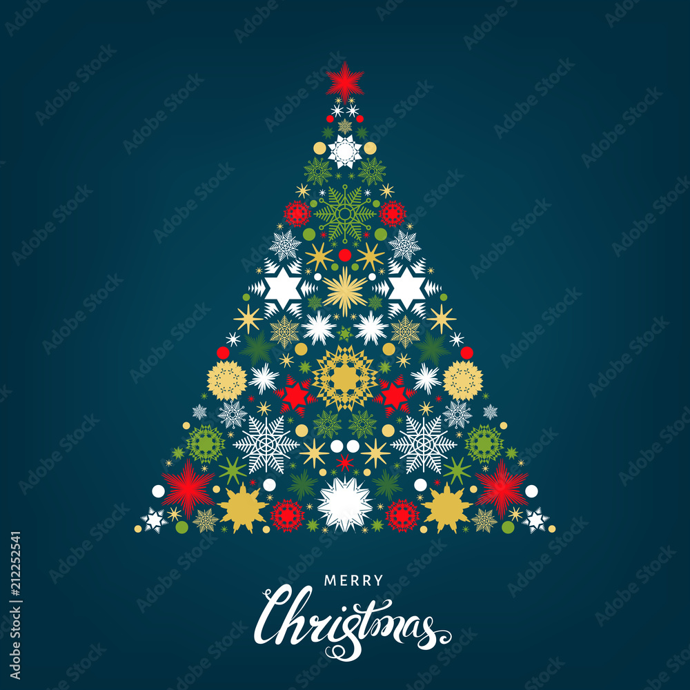 Christmas tree with pattern from flat snowflakes and Xmas elements. Christmas tree with pattern from flat snowflakes and Xmas elements.
