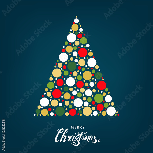 Christmas tree with bright holiday pattern made of colorful circles.
