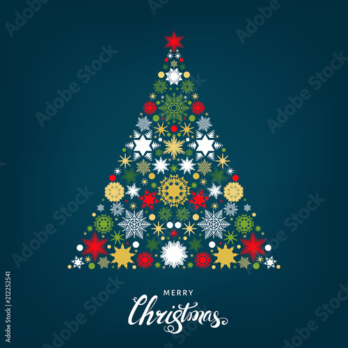 Christmas tree with  pattern from flat snowflakes and Xmas elements.