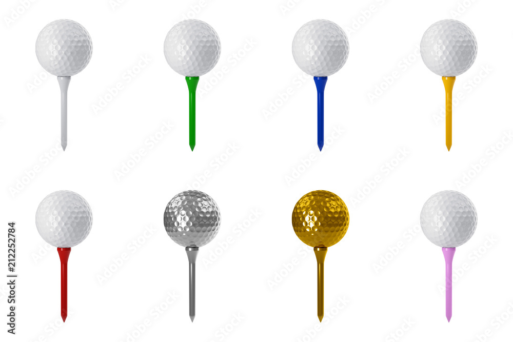 3D rendering set of golf ball on tee isolated on white 3D rendering set of golf ball on tee isolated on white