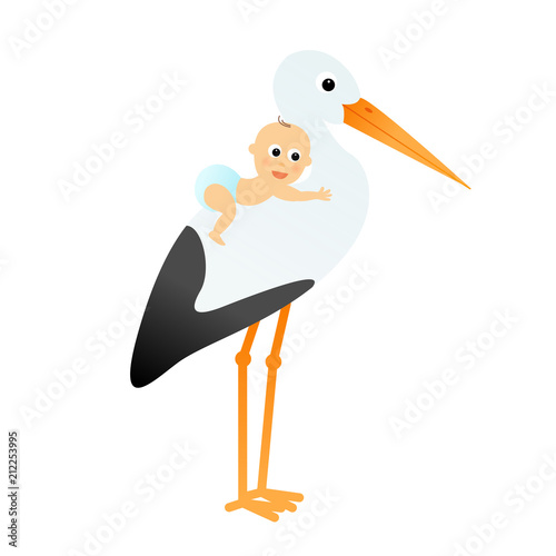 Cartoon vector stork with a baby 