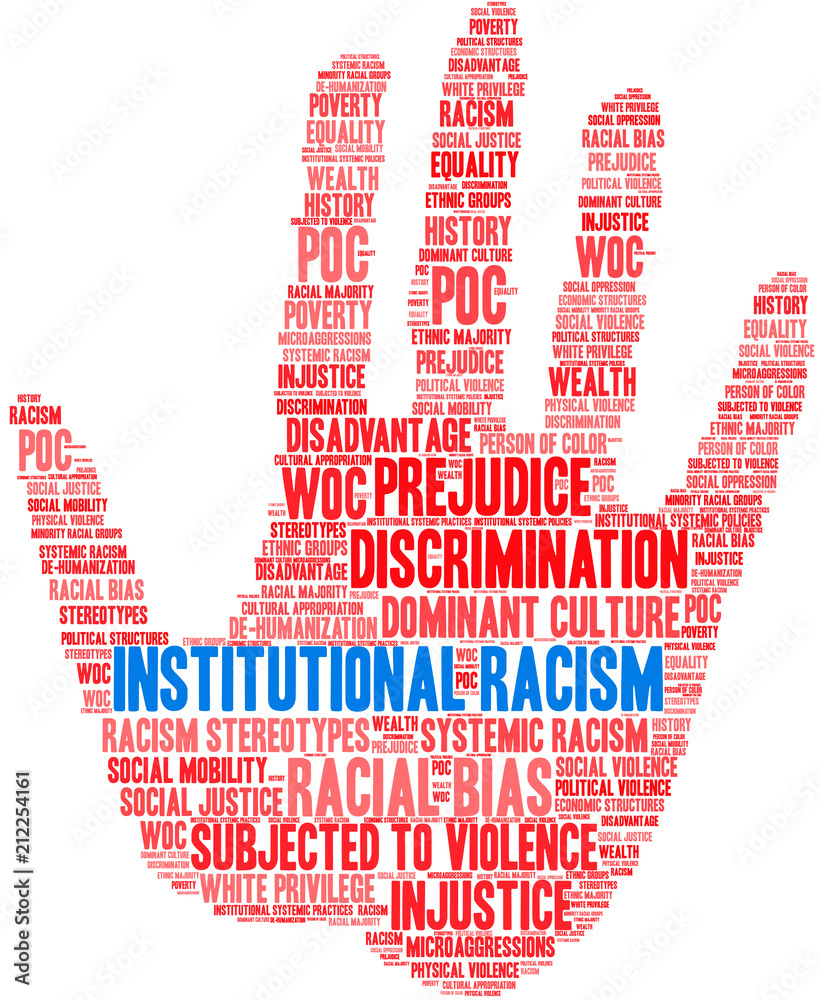 Institutional Racism Word Cloud on a white background. Institutional Racism Word Cloud on a white background.