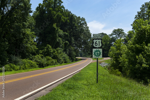 A Great River Road Sign along the US Route 61 near the city of Vicksburg, in the State of Mississippi; Concept for travel in America and road trip in America. photo