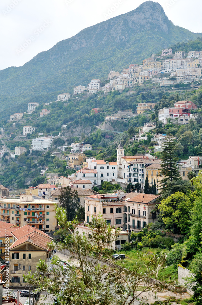 Panoramic view of Vietri sul Mare, the first town on the Amalfi Coast, with the Gulf of Salerno, province of Salerno, Campania, southern Italy