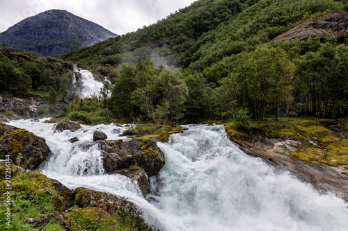 Small waterfall in Norway. Briksdalsbreen.