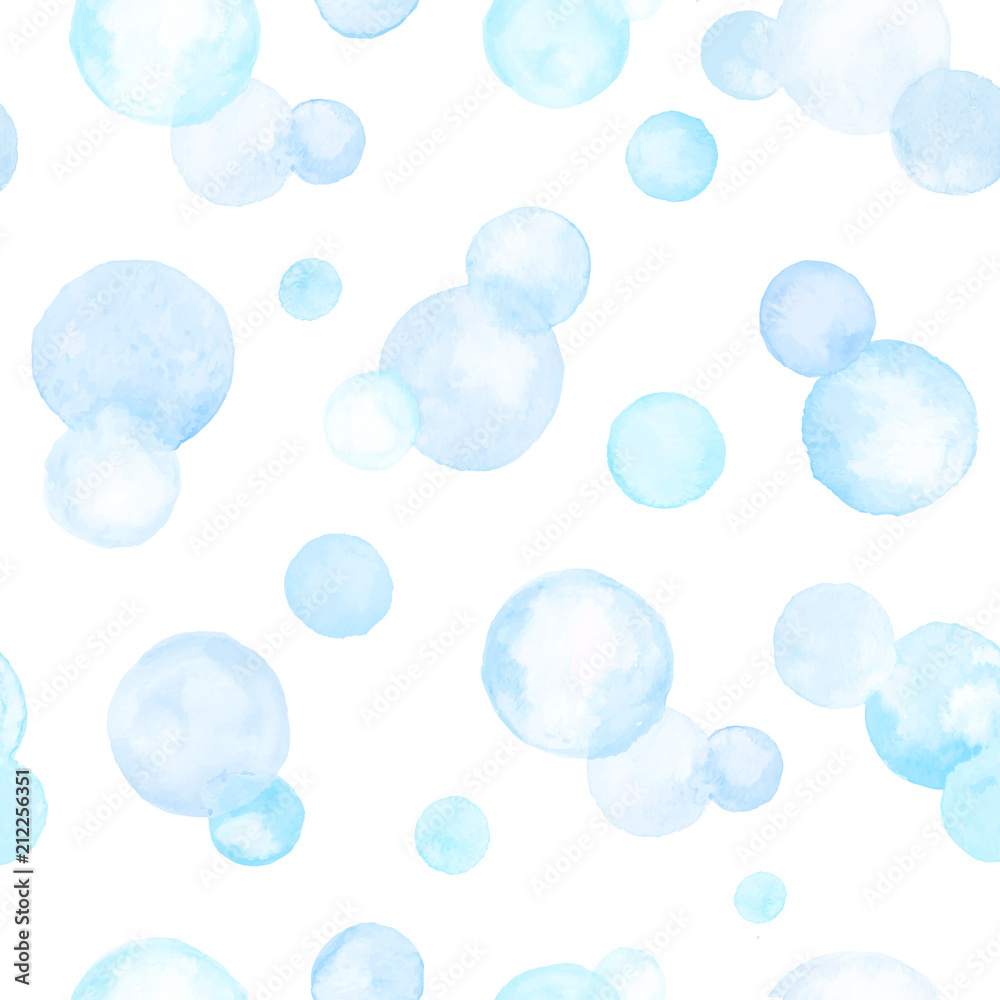 Watercolor texture. Aquarelle circles in pastel colors. Seamless pattern. Watercolor blue and golden spots isolated on white background.