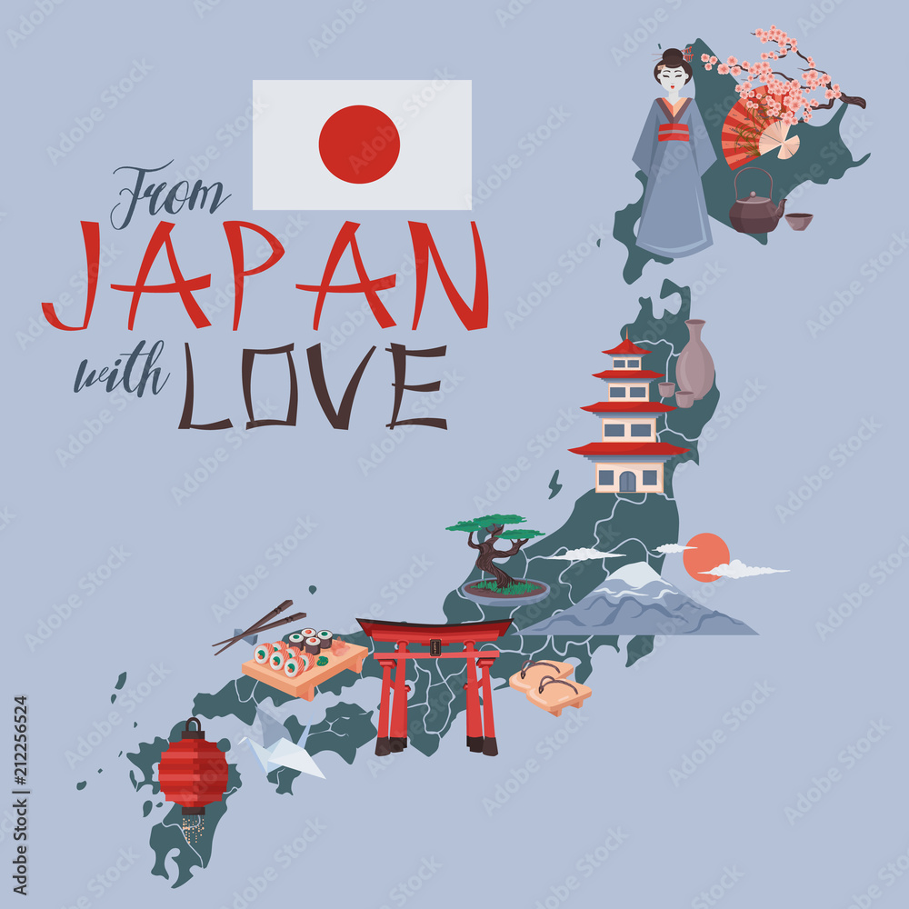 I love Japan poster. Japanese map with colorful symbols of Japan culture vector illustration. Geisha, Fujiyama, Japanese temple etc.
