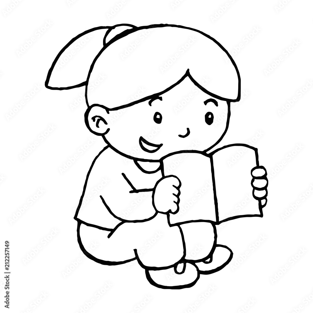 Little girl read book cartoon illustration isolated on white background for children color book Little girl read book cartoon illustration isolated on white background for children color book
