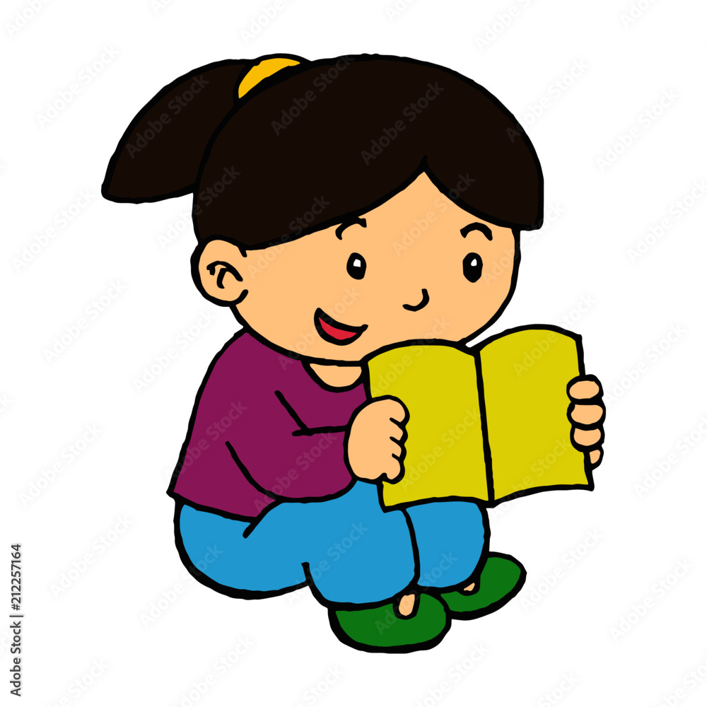 Little girl read book cartoon illustration isolated on white background for children color book Little girl read book cartoon illustration isolated on white background for children color book