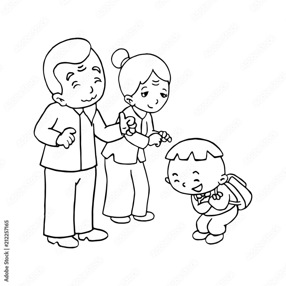Little boy say hi with grandmother and grandfather Stock Vector | Adobe  Stock