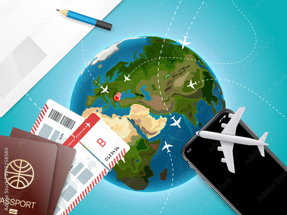 Obraz premium Adventure time vector illustration with the Earth. Vacation concept with accessories