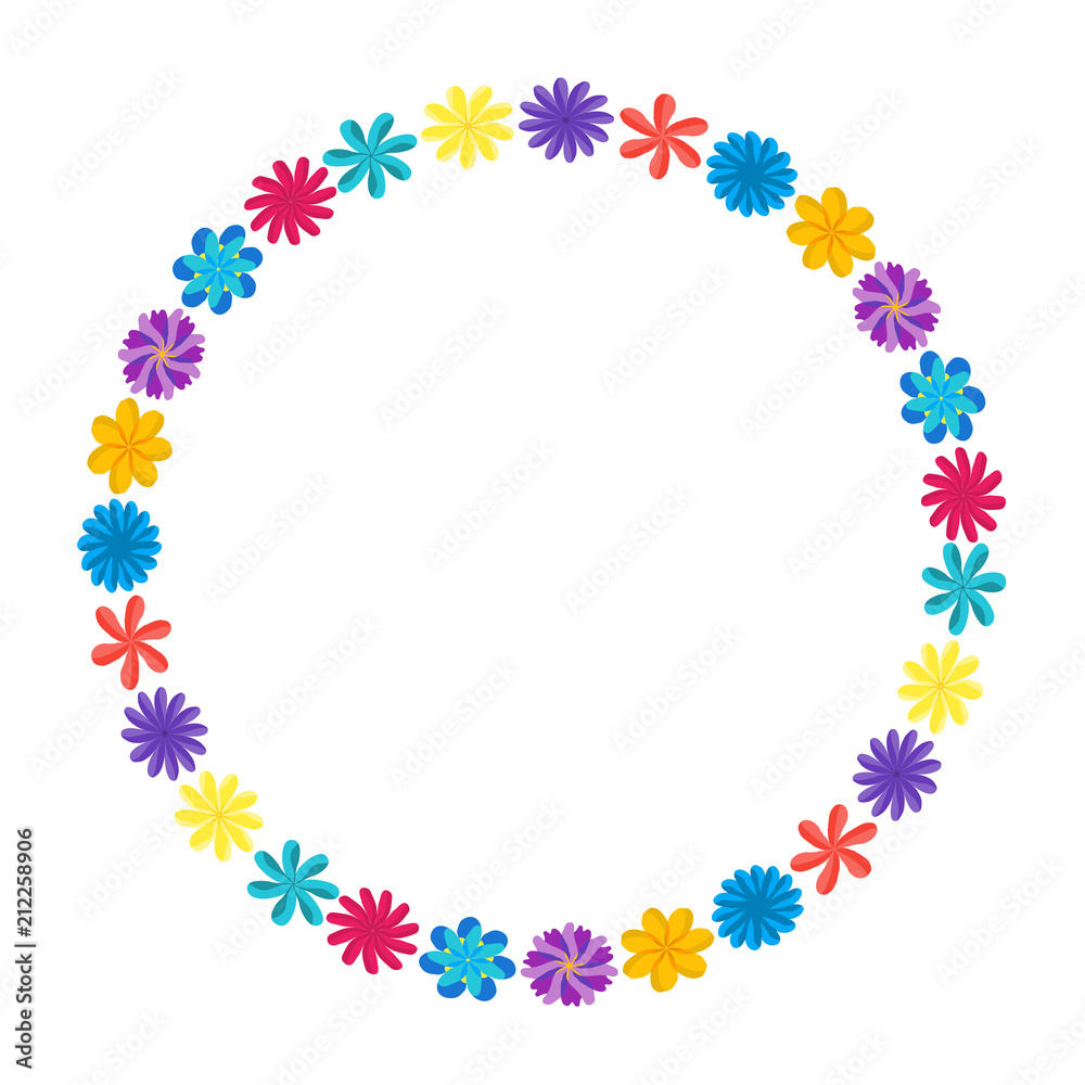 Wreath of wild flowers with leaves. A floral round frame with a place for your text. Suitable for greeting cards, wedding invitations, promotional leaflets