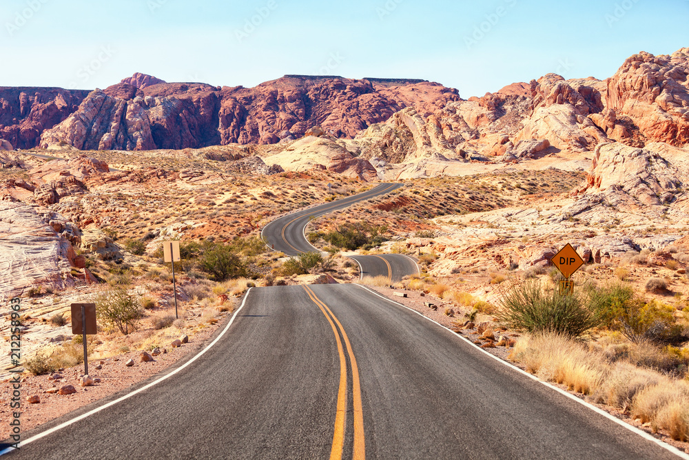 Scenic road in  the  Valley of Fire State Park, Nevada, United States.