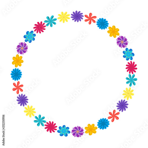 Wreath of wild flowers with leaves. A floral round frame with a place for your text. Suitable for greeting cards  wedding invitations  promotional leaflets