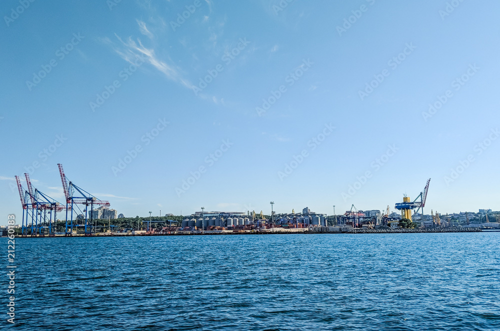 Seascape with Odesa port in the summer season