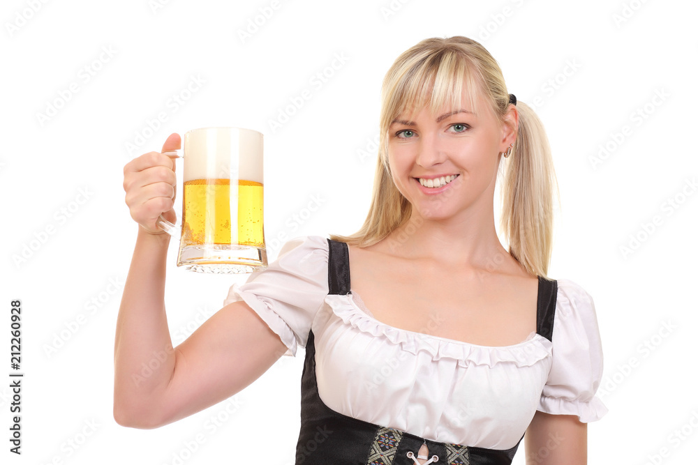 woman with a mug of beer on a white background woman with a mug of beer on a white background