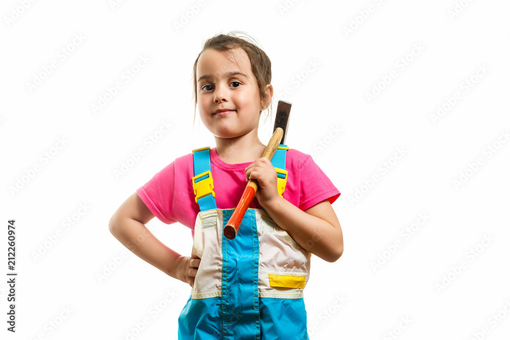 Portrait of a girl builder with a hammer on her shoulder isolated on white background Portrait of a girl builder with a hammer on her shoulder isolated on white background