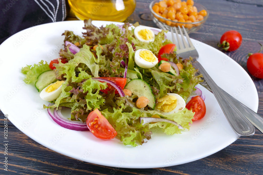 Light summer salad with fresh vegetables, greens, quail eggs and chickpeas. Vegetarian dish. Proper nutrition. Close-up. Light summer salad with fresh vegetables, greens, quail eggs and chickpeas. Vegetarian dish. Proper nutrition. Close-up.