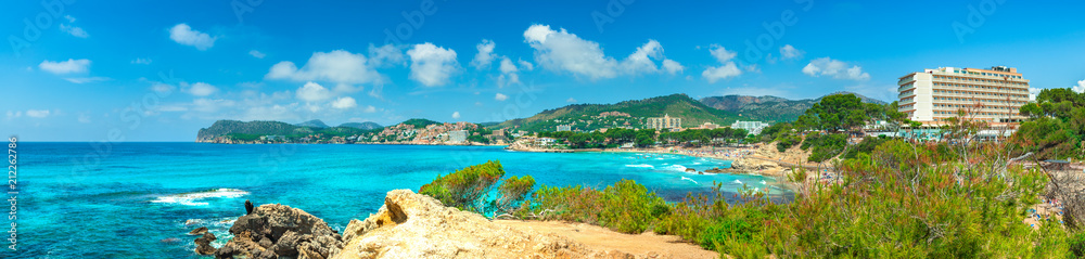 Seaside panorama view of beach at Paguera and Calvia coast, Majorca Balearic Islands, Spain Mediterranean Sea