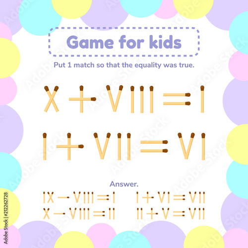 vector illustration. math game for kids. Put 1 matchstick so that the equality was true.