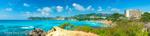 Seaside panorama view of beach at Paguera and Calvia coast  Majorca Balearic Islands  Spain Mediterranean Sea