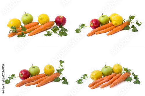 Fruits on a white background. Lemon with apples and kiwi on white background. Kiwi with lemon on a white background. Carrots with fruits on a white background.