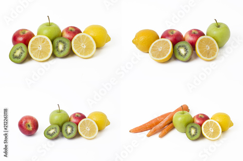 Fruits in a composition on a white background. Lemon with apples and kiwi on white background. Fruits with carrots on a white background.