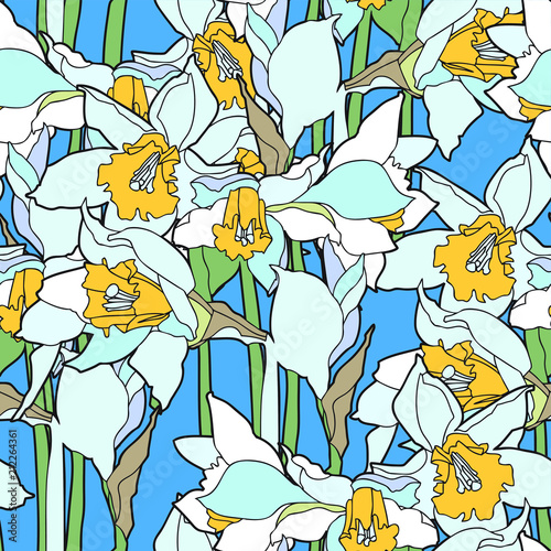 Seamless pattern with beautiful narcissus flowers in art nouveau style