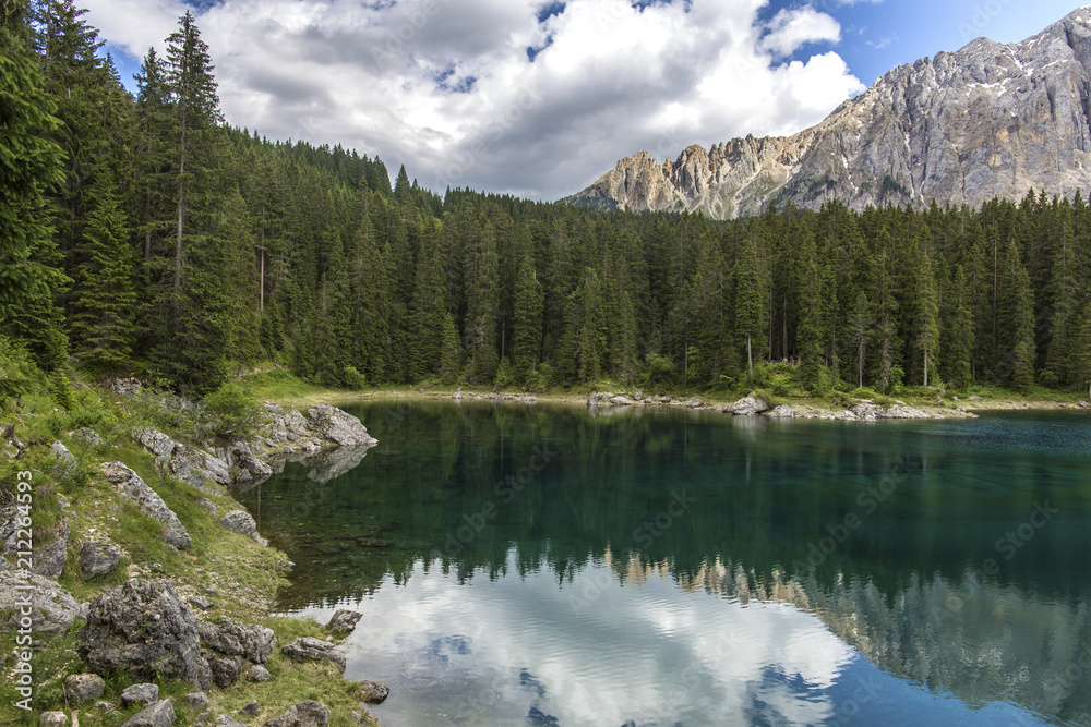Lake of Carezza. Lake Carezza with Mount Latemar, Bolzano province, South tyrol, Italy. Lago di Carezza lake or The Karersee with reflection of mountains in the dolomite alps.
