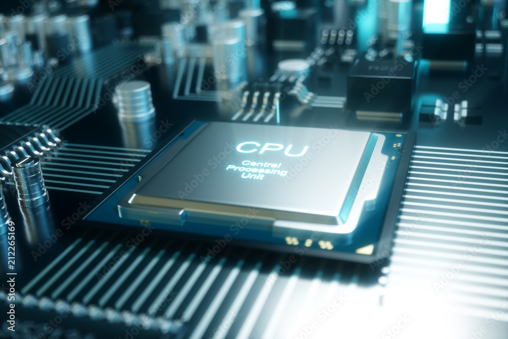 3D illustration computer chip, a processor on a printed circuit board. The concept of data transfer to the cloud. Central processor in the form of artificial intelligence. Data transfer 3D illustration computer chip, a processor on a printed circuit board. The concept of data transfer to the cloud. Central processor in the form of artificial intelligence. Data transfer