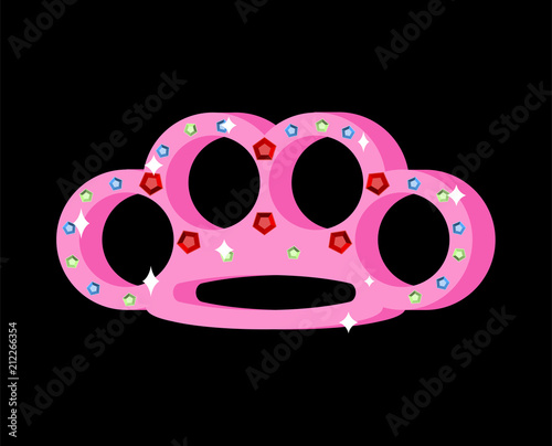 Pink brass knuckle with diamonds. Female weapons. Vector illustration