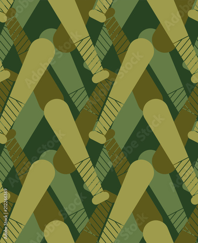 Baseball bat  military pattern seamless. Sports stick  Khaki soldiery texture. Green Camouflage army background . protective ornament vector illustration