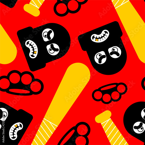 Robber pattern seamless. Burglar and brass knuckle and Baseball bat ornament. Rogue vector background