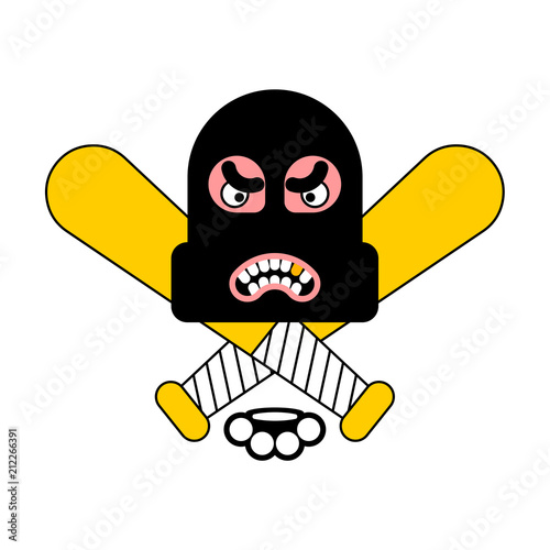Criminal logo. Robber sign. brass knuckles and baseball bat. Rogue head. Burglar hat. thief vector illustration