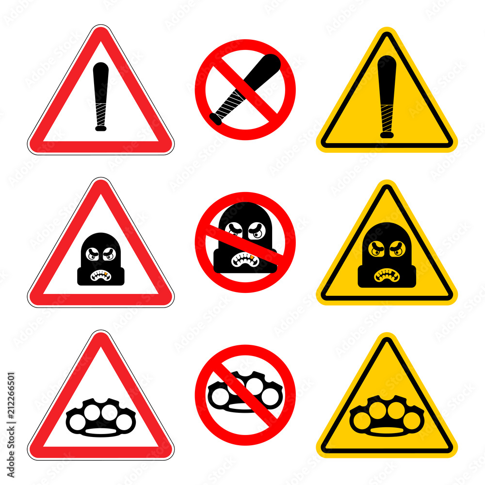Attention Robber sign set. Stop Caution Rogue. It is forbidden Burglar. Road prohibitory sign. Danger thief vector illustration Attention Robber sign set. Stop Caution Rogue. It is forbidden Burglar. Road prohibitory sign. Danger thief vector illustration