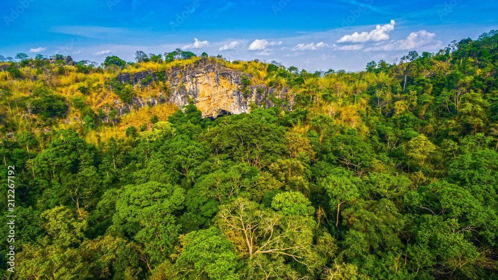 aerial photography a big hole in front of Thanlod Yai cave in Kanchanaburi