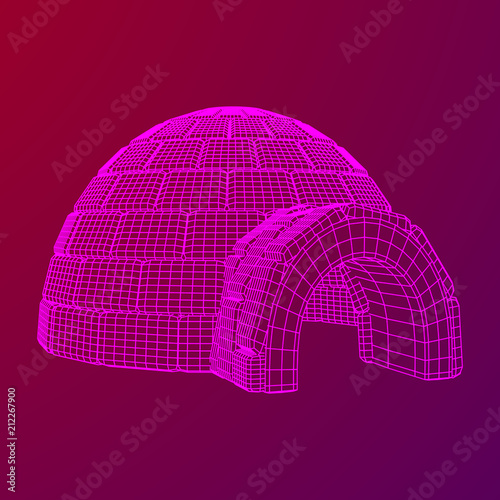 Igloo icehouse. Snowhouse or snowhut. Eskimo shelter built of ice. Wireframe low poly mesh vector illustration