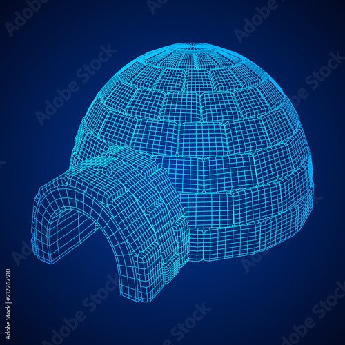 Igloo icehouse. Snowhouse or snowhut. Eskimo shelter built of ice. Wireframe low poly mesh vector illustration
