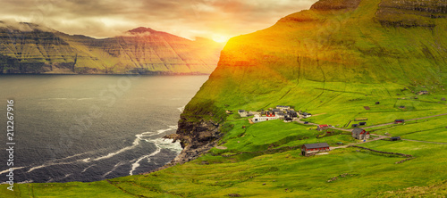 Beautiful Panoramic Scene, Sunrise Over Mountains, Trollanes Village, Kalsoy Island, Faroe Islands photo