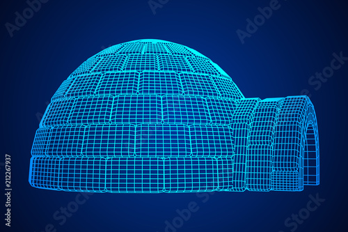 Igloo icehouse. Snowhouse or snowhut. Eskimo shelter built of ice. Wireframe low poly mesh vector illustration