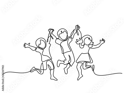 Happy jumping children holding hands. Continuous line drawing. Vector illustration on white background photo