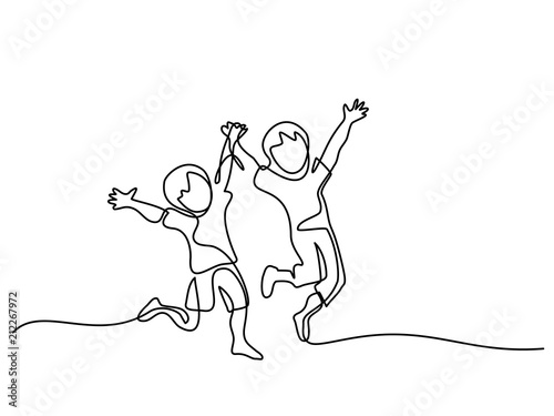 Happy jumping children holding hands. Continuous line drawing. Vector illustration on white background