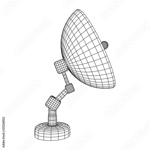 Directional radio antenna with satellite dish. Astronomy radio telescope . Wireframe low poly mesh vector illustration