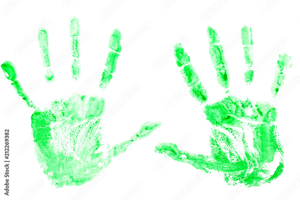 Prints of green paint from hands, palms on a white background. Prints of green paint from hands, palms on a white background.