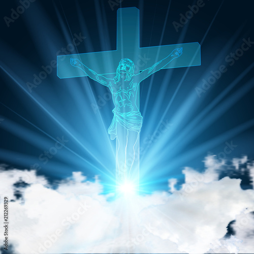 Glowing blue jesus pinned to crucifix on light blue sky and clouds as Christianity Church background concept, vector illustration