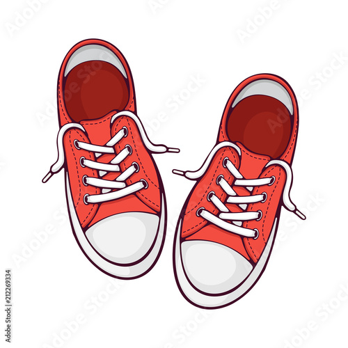 Vector illustration. Pair red textile sneaker with rubber toe and loose lacing. Hand drawn print with contour. Shoes of modern teenagers skaters. Isolated on white background